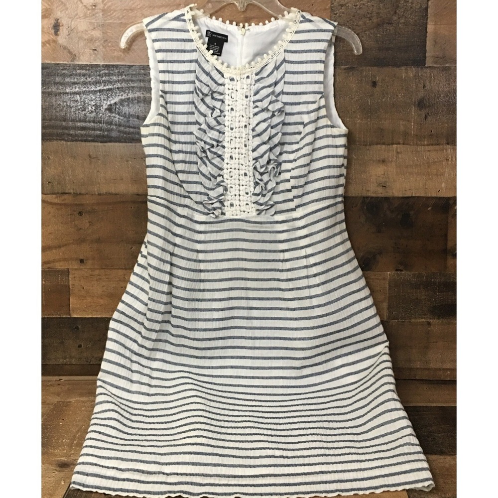 Women Boho Chic Crochet Ruffle Striped Dress Size 6 Nautical Coastal Cottage